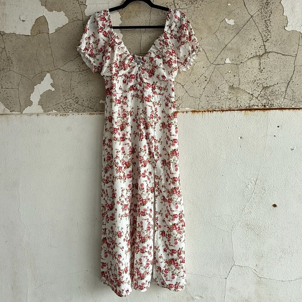 Puff Sleeve Midi Dress Floral Cottagecore White Pink Rose Print Size M NWT